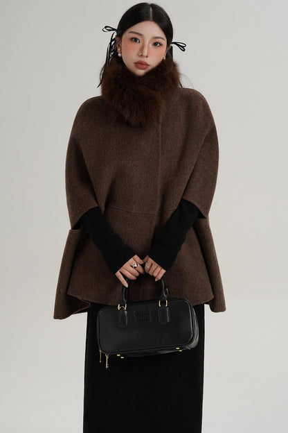 Elegant Fox Fur Wool Cape Coat