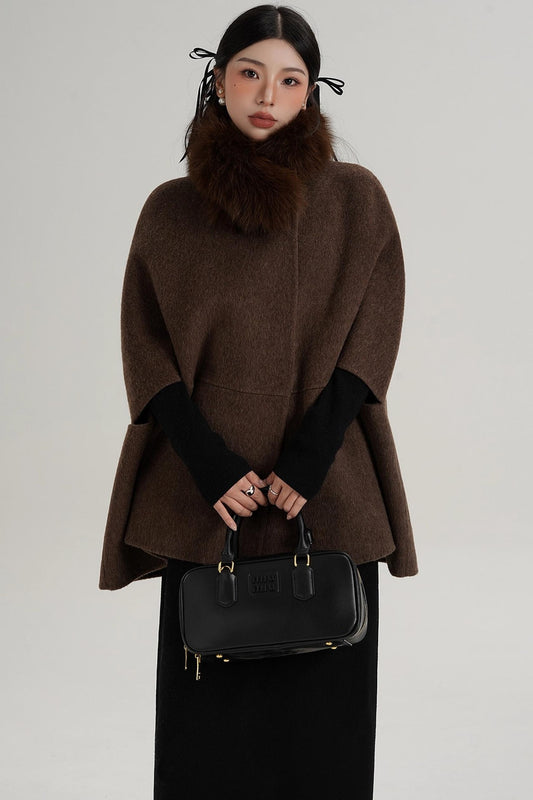Elegant Fox Fur Wool Cape Coat
