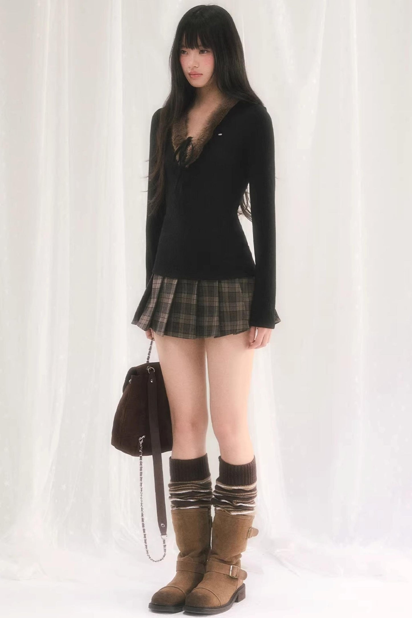 Korean-Style Furry V-Neck Top