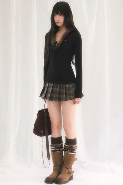 Korean-Style Furry V-Neck Top