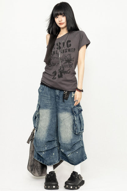 Pleated Denim Culottes Pants