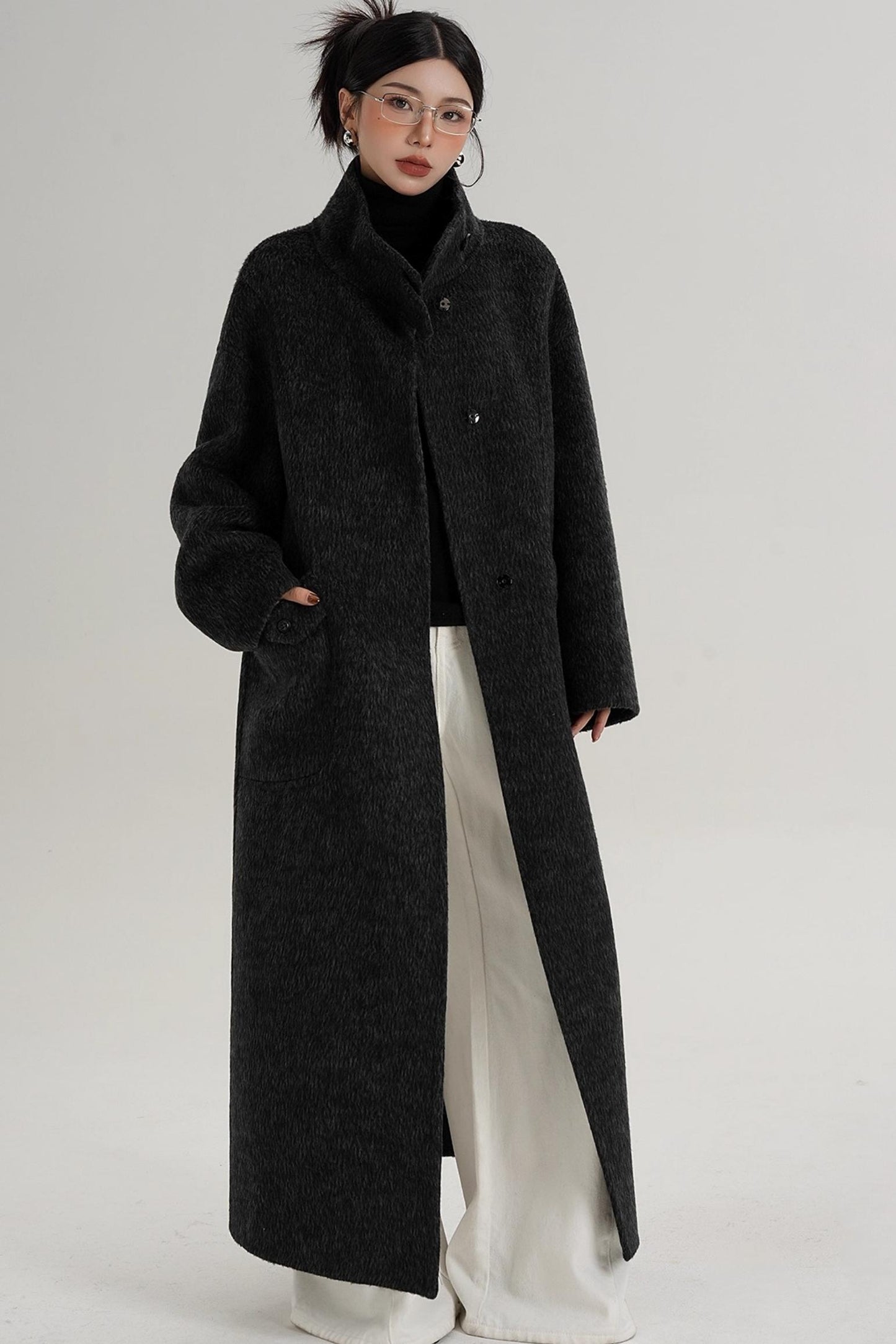 Stand-Up Collar Long Wool Coat