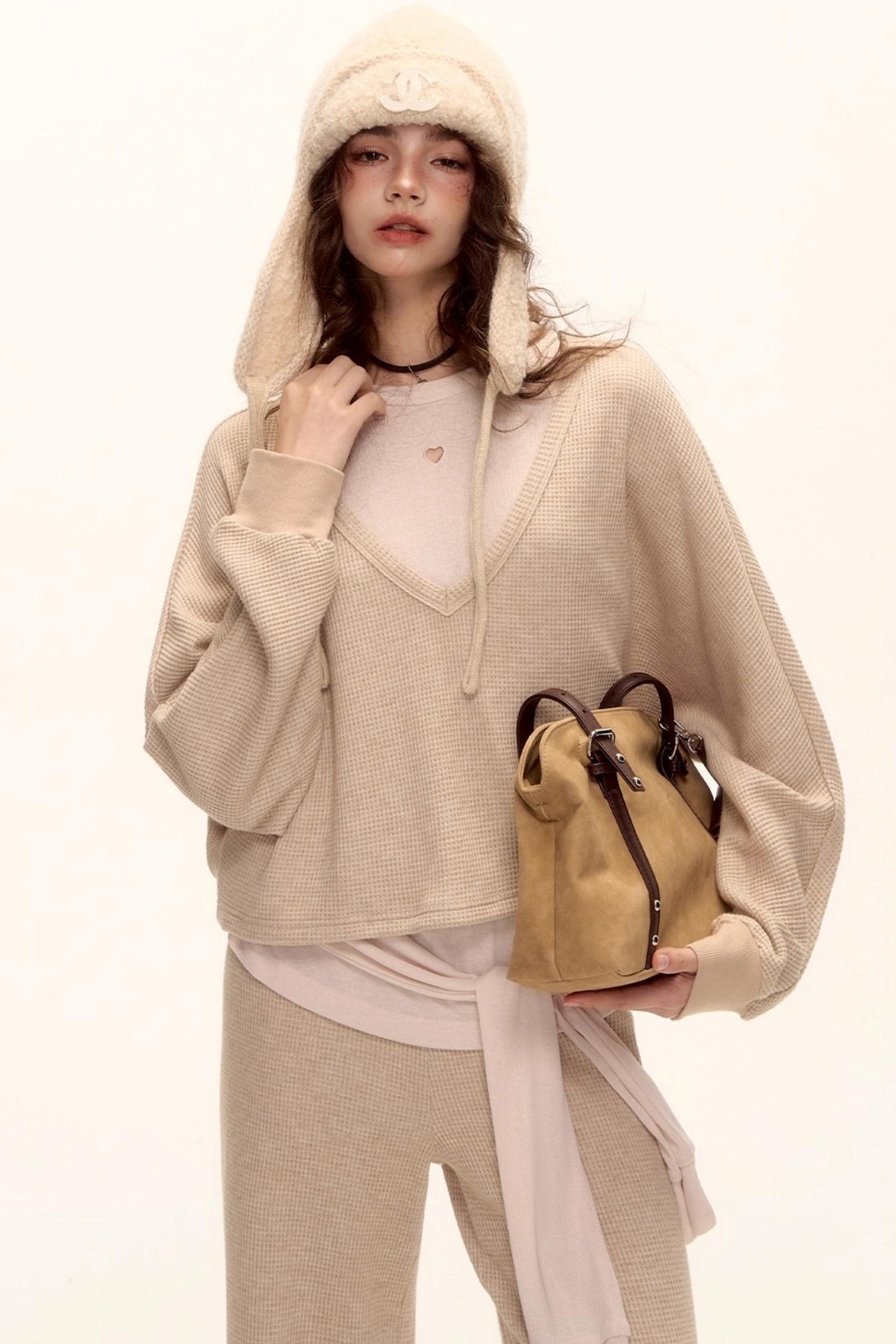 Waffle Knit V-Neck Sweater Set-Up