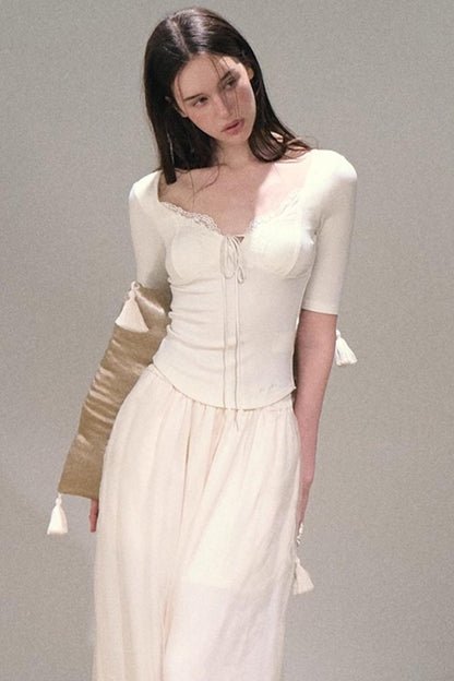 Taste of Cardamom Lace Knit V-Neck Top