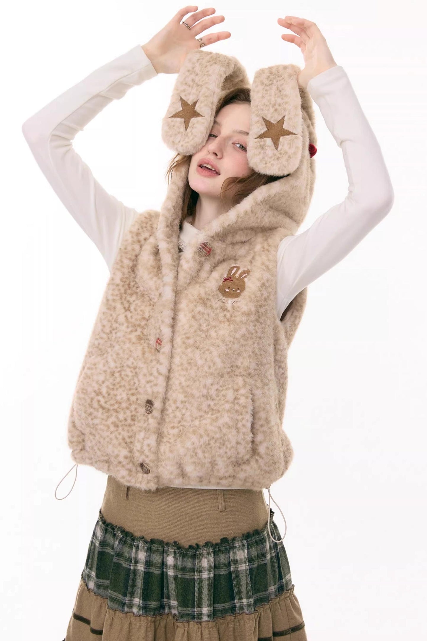 Black Leather Rabbit Hooded Vest Jacket