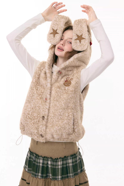 Black Leather Rabbit Hooded Vest Jacket