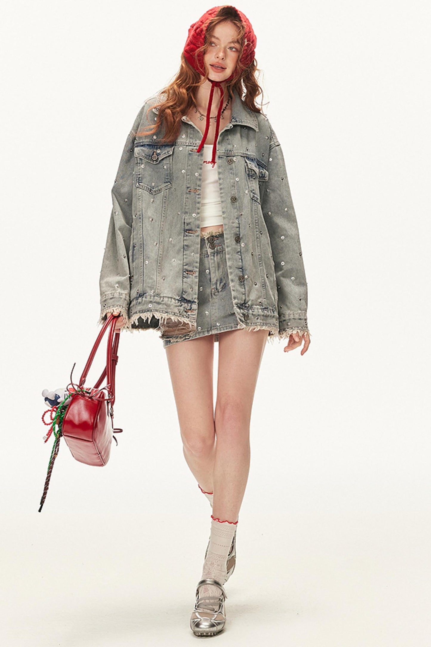 Denim Studded Jacket With Short Skirt Set-Up
