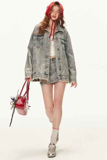 Denim Studded Jacket With Short Skirt Set-Up
