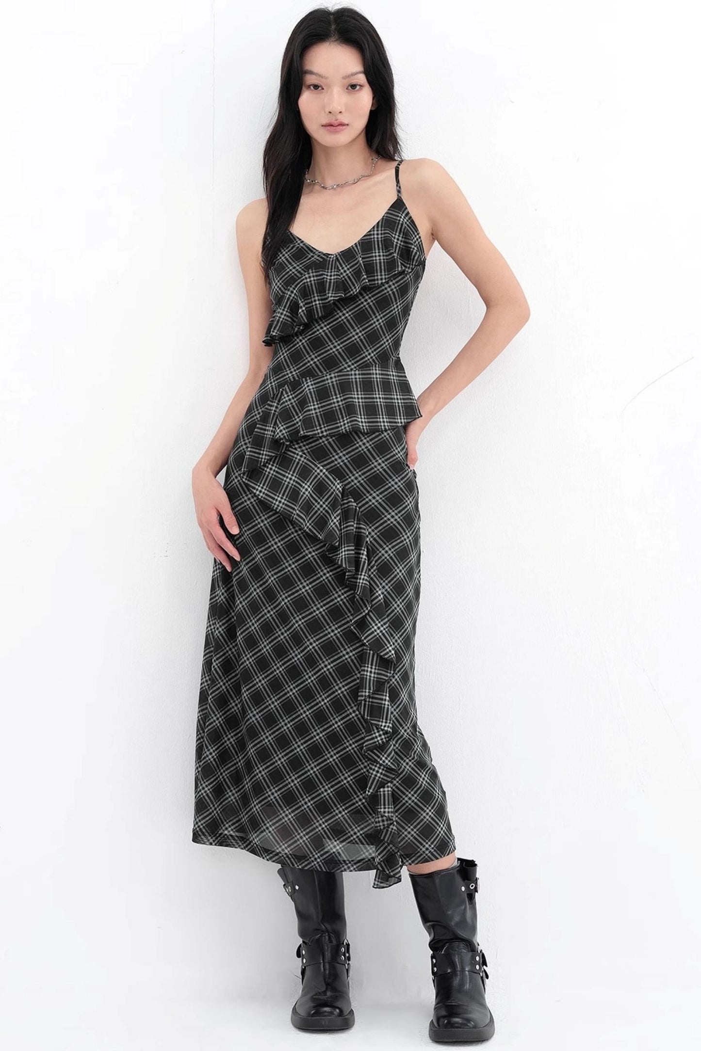 Black Plaid Mesh Halter Dress