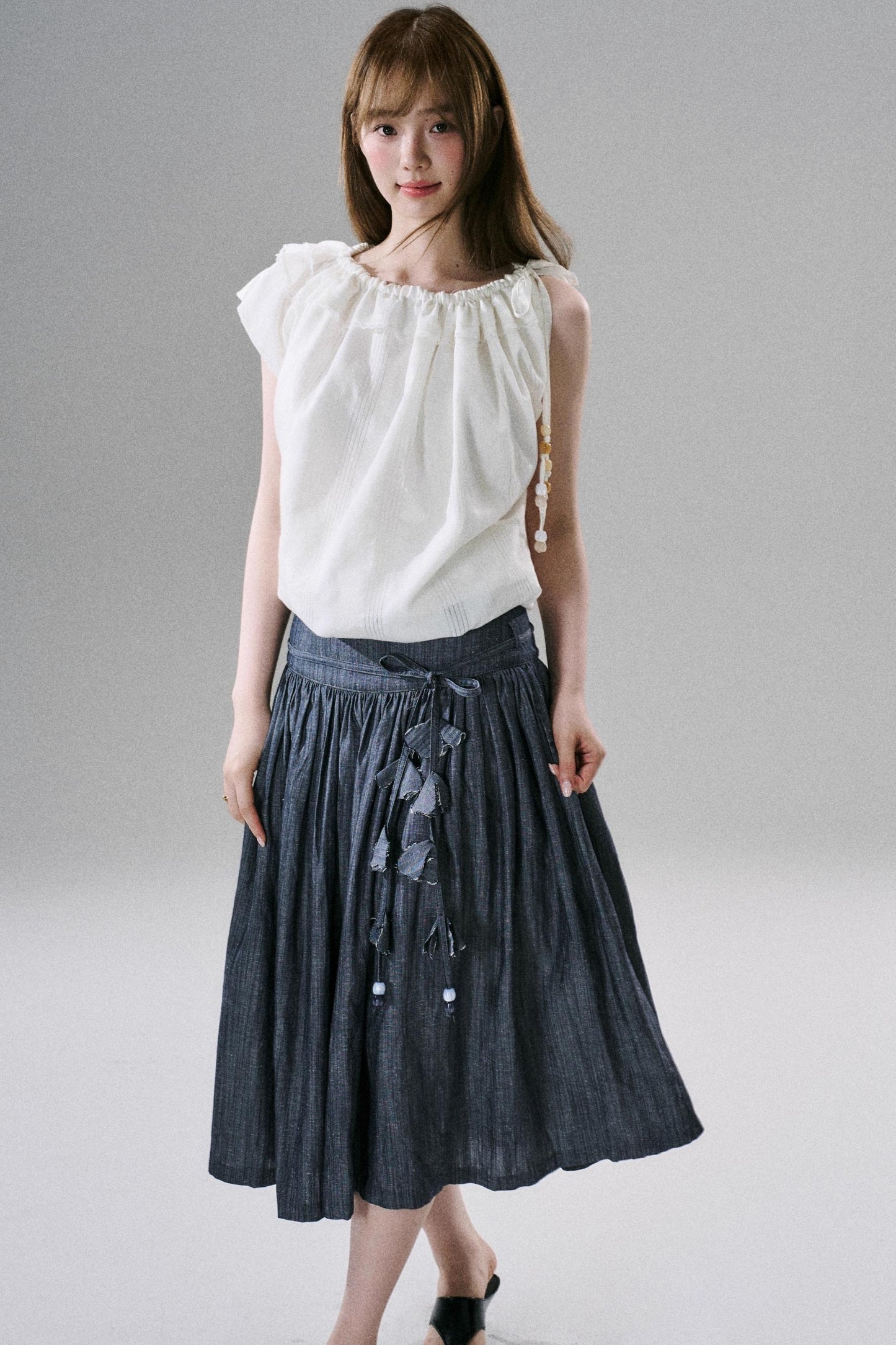 Beaded One-Shoulder Linen Top