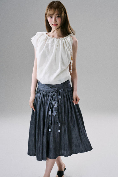 Beaded One-Shoulder Linen Top