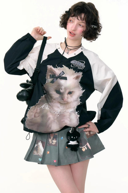 American Cat Print V-Neck Top