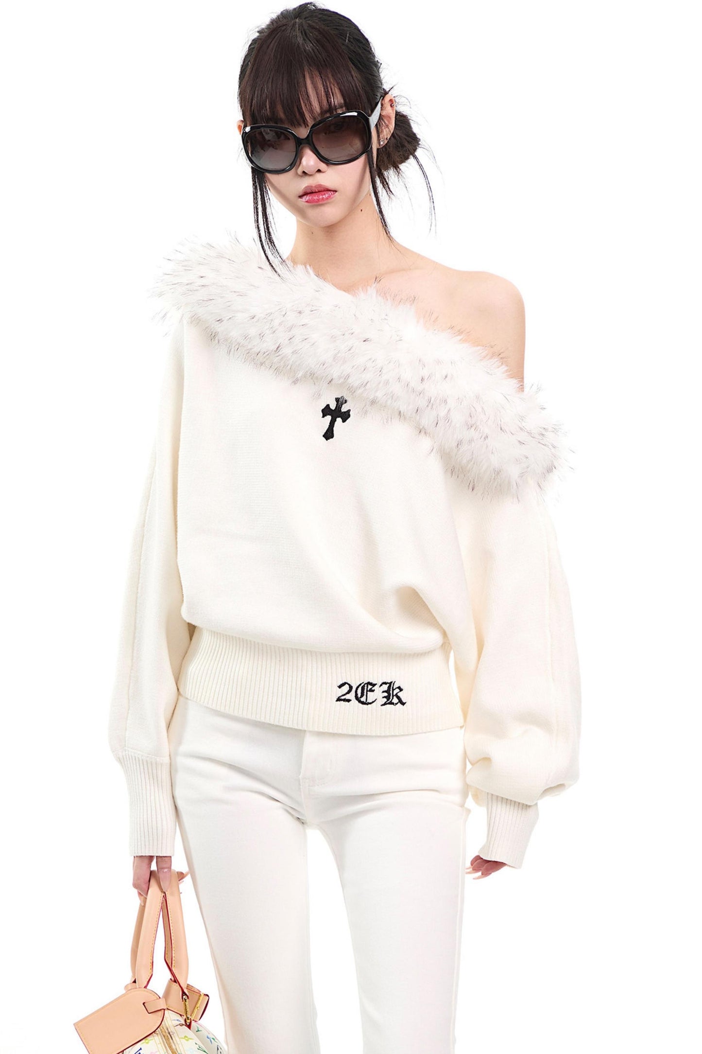 Off-Shoulder Fur Collar Sweater