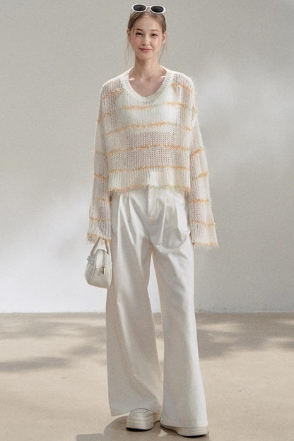 Silver Silk Blend Cropped Knit Blouse