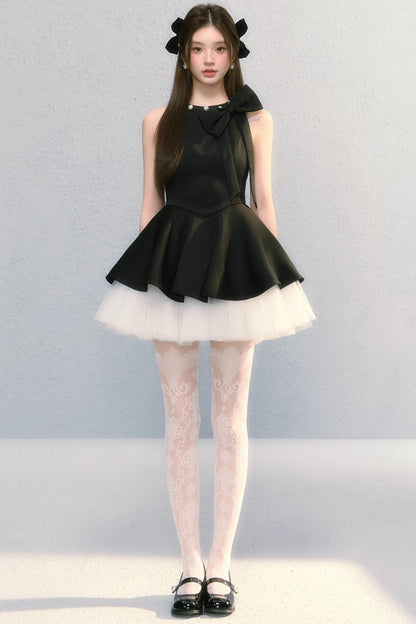 Obsidian French Bow Sleeveless A-Line Dress