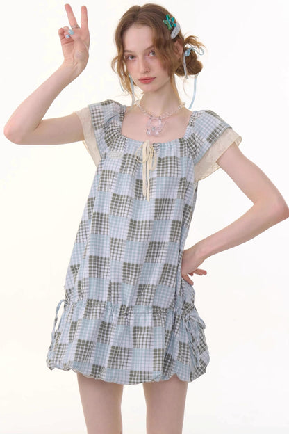 Vintage Checkered Square Neck Dress