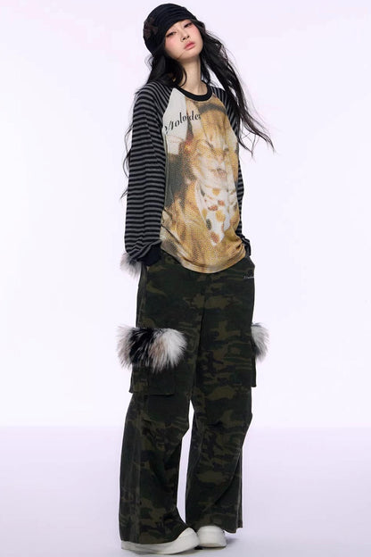 Cat Print Raglan Knit Top