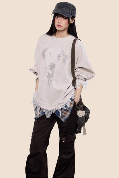 Casual Dog Print Crewneck Top