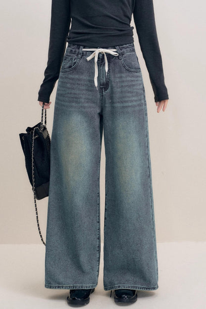 Lazy Contrast Drawstring Wide Leg Jeans