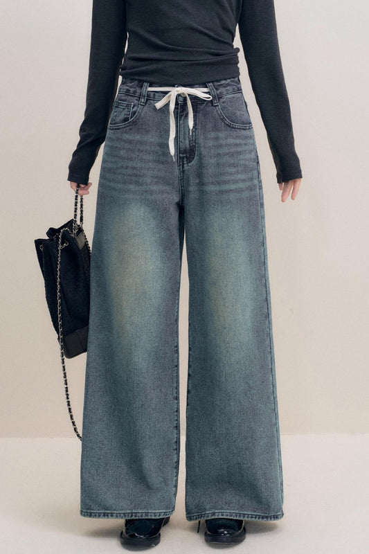 Lazy Contrast Drawstring Wide Leg Jeans