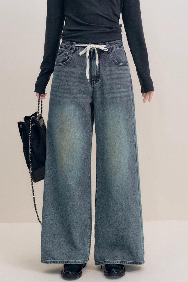 Lazy Contrast Drawstring Wide Leg Jeans