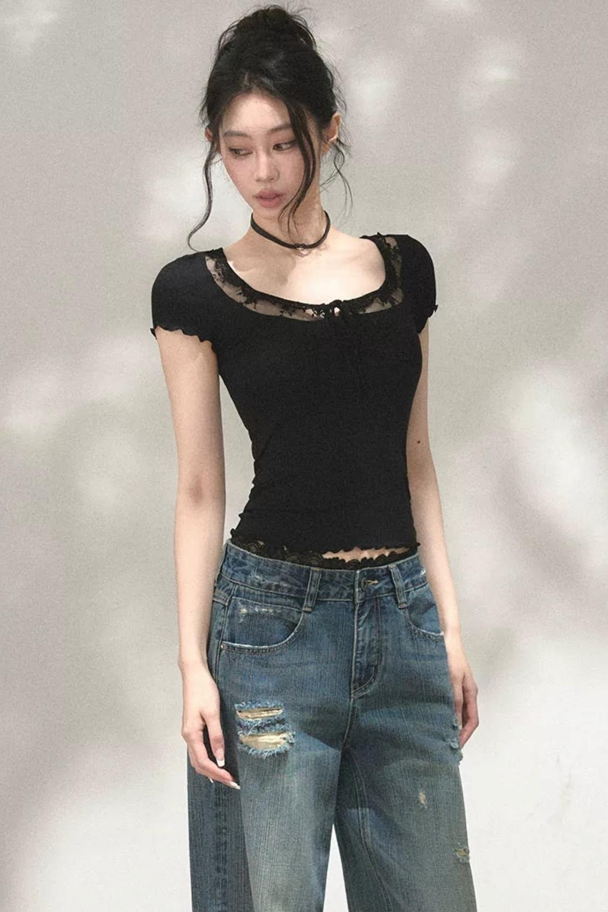 Lace Ruffle Short Sleeve Top