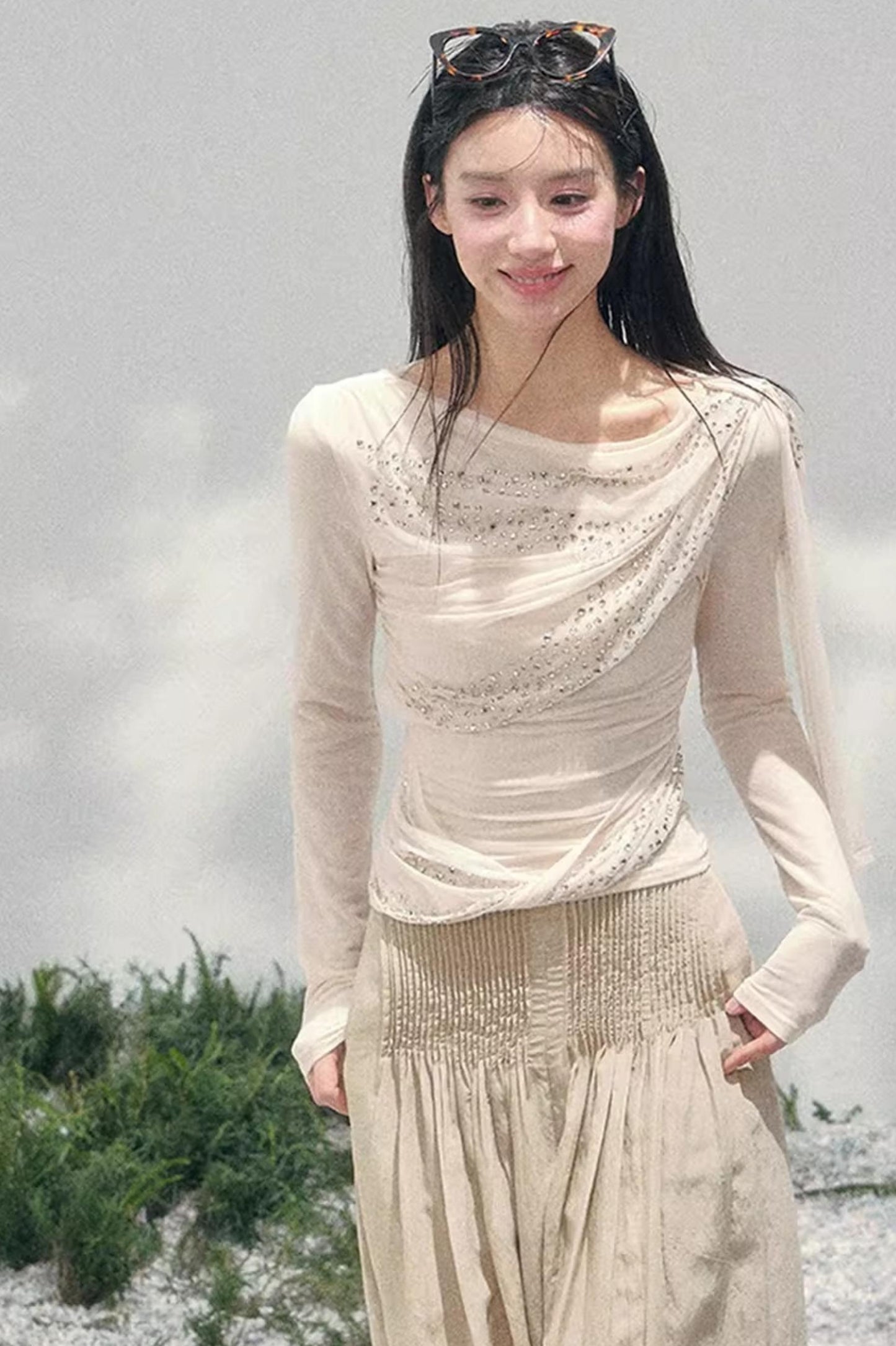 Sheer Rhinestone Slim-Fit Top Set