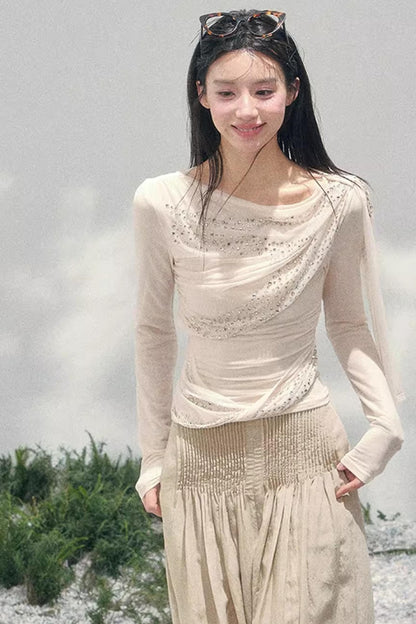 Sheer Rhinestone Slim-Fit Top Set