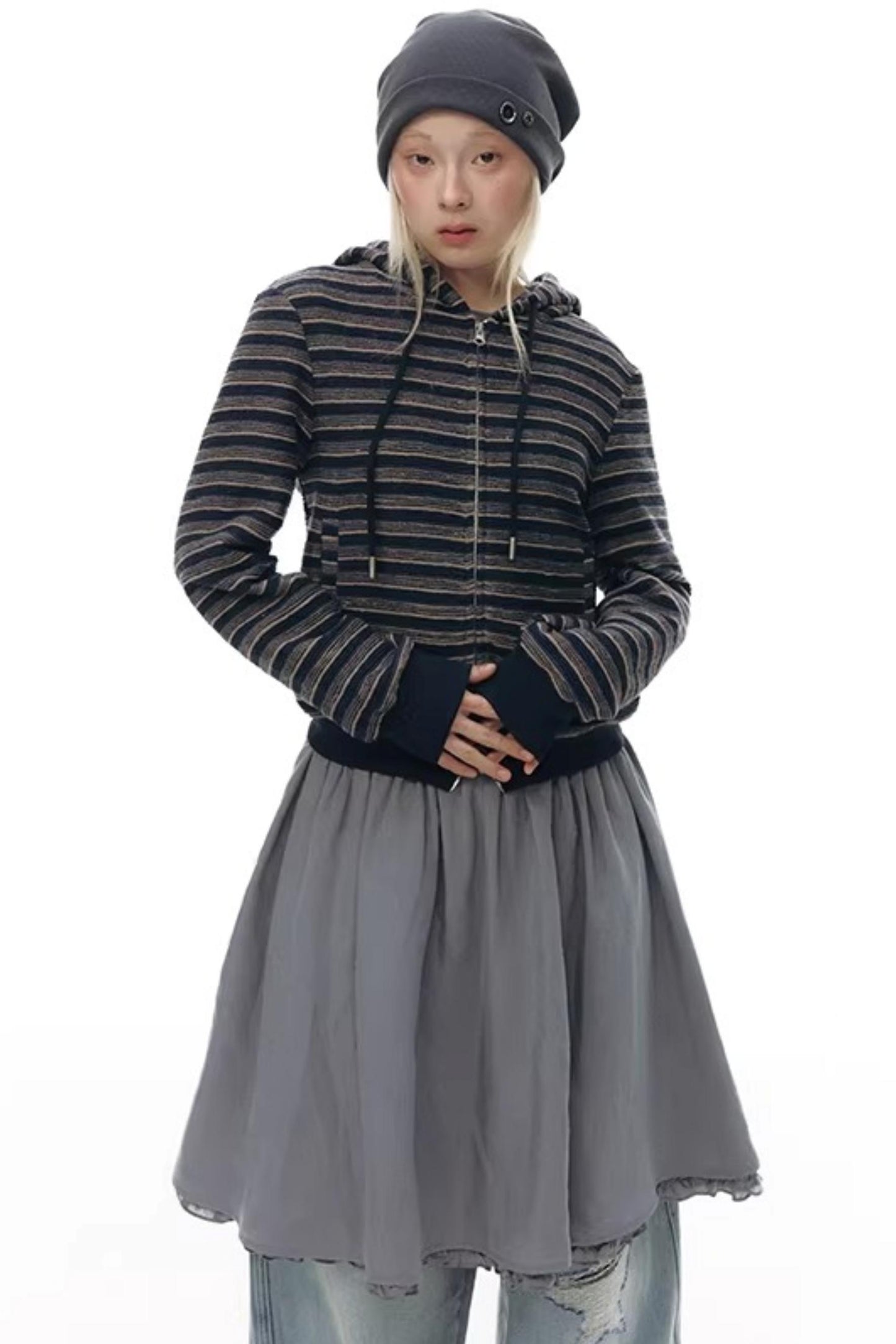 Striped Textured Hooded Sweatshirt