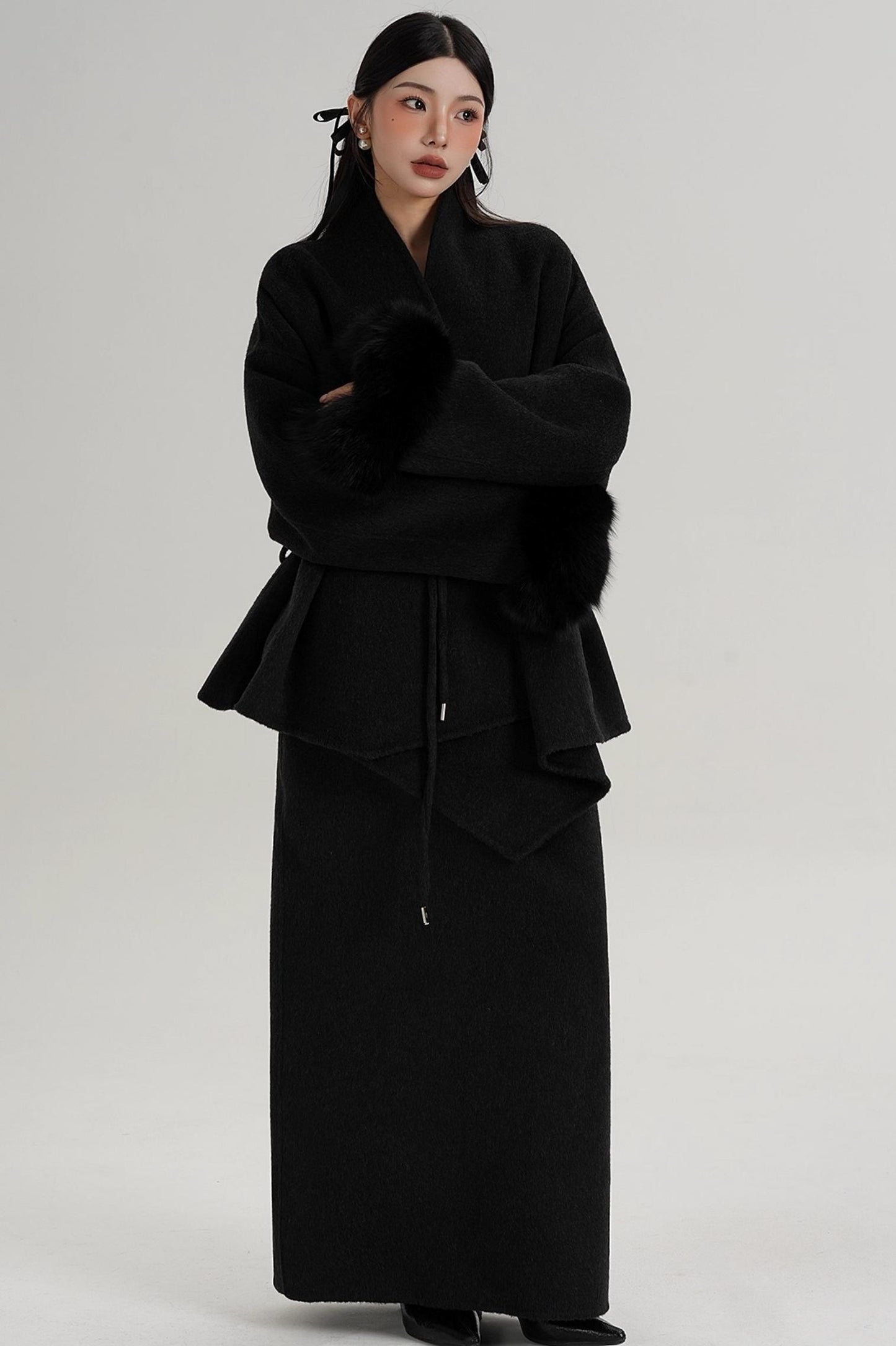 Elegant Fox Fur Sleeve Wool Coat