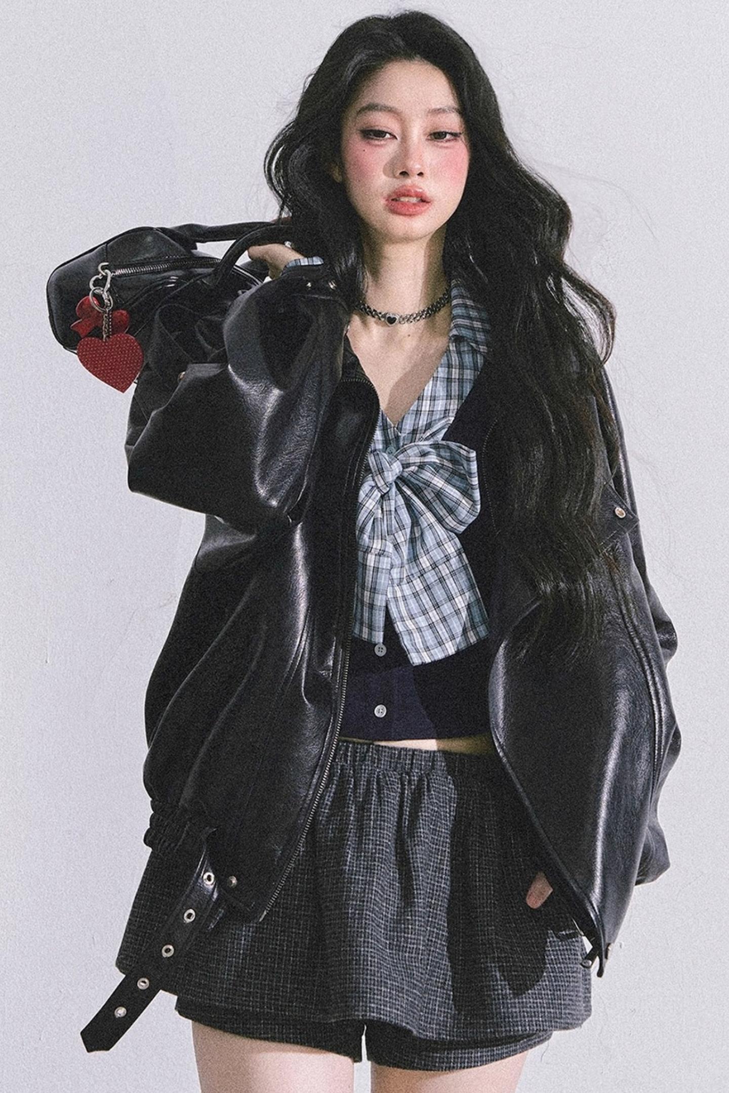 American Long-Sleeved Bow Plaid T-Shirt