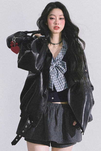 American Long-Sleeved Bow Plaid T-Shirt