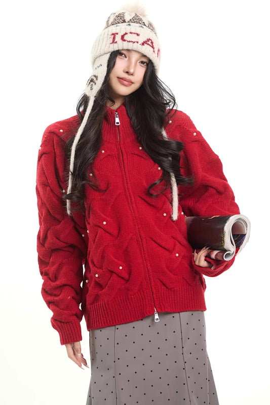 Retro Red Zipper Knit Cardigan