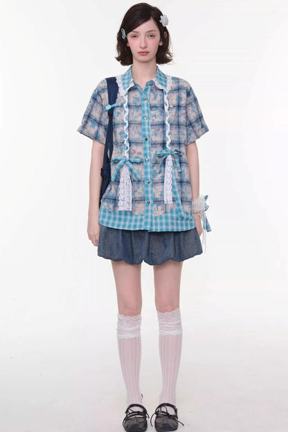 Sweet Bubble Bowknot Denim Skirt