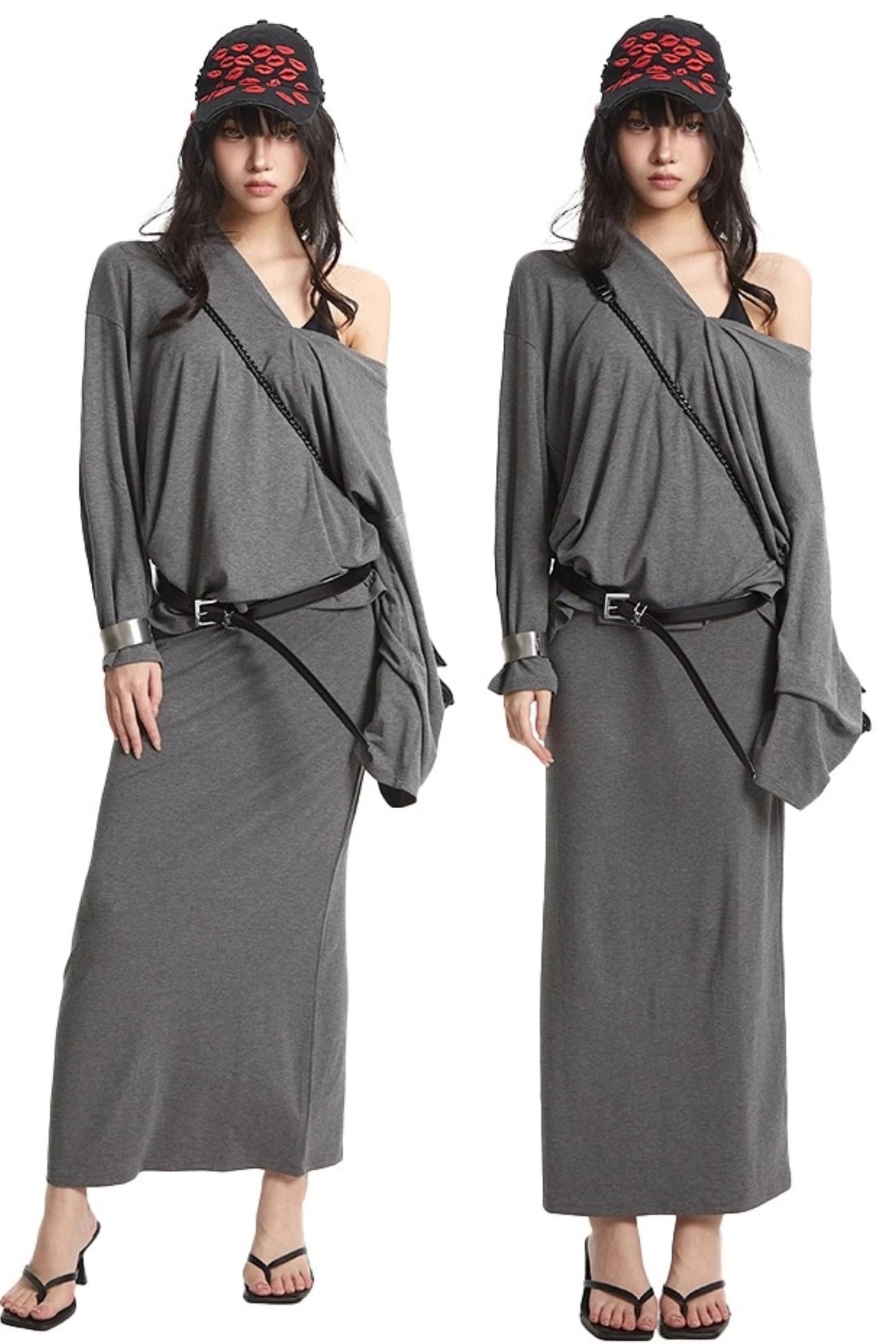 Slanted Shoulder Long Sleeve T-Shirt Skirt Set-Up