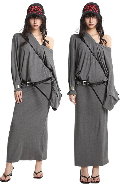 Slanted Shoulder Long Sleeve T-Shirt Skirt Set-Up