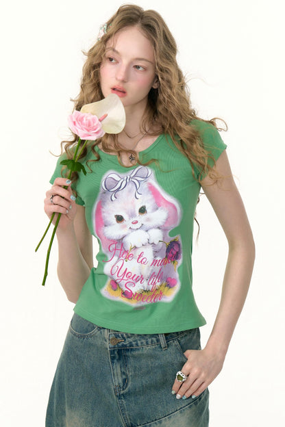 Retro Design Rabbit Print Slim Top
