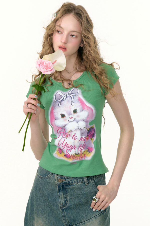 Retro Design Rabbit Print Slim Top