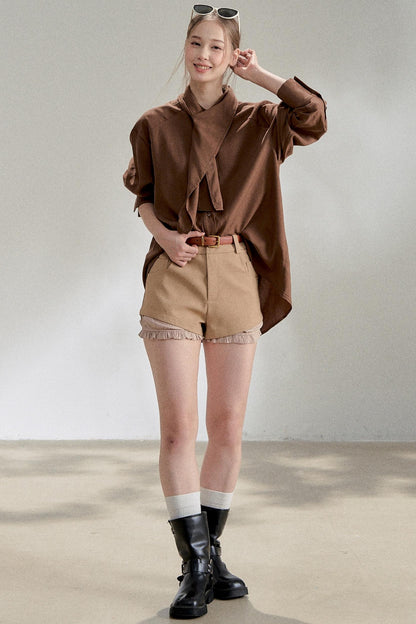 Yellow Lace-up Stand Collar Shirt