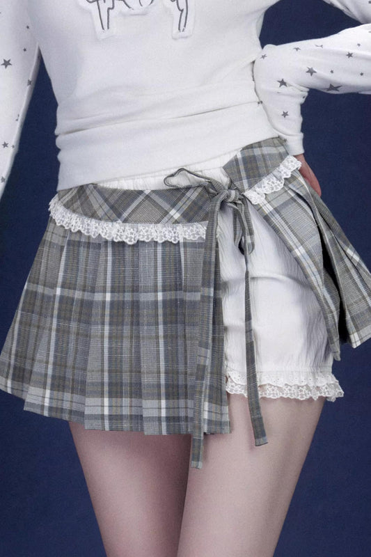 Gray-Green Plaid Pleated Skirt