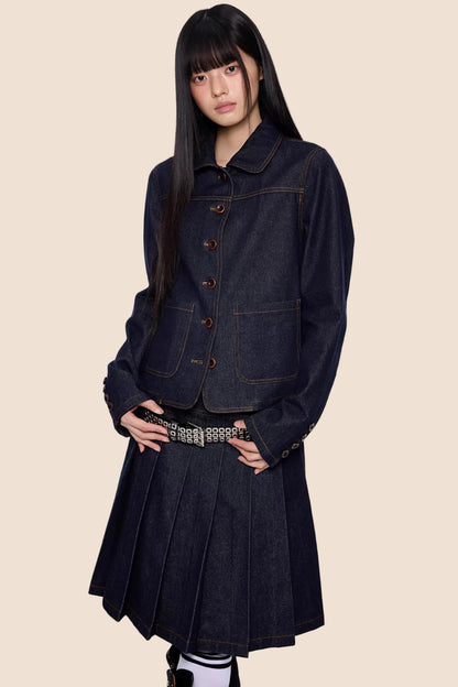 Retro Denim Faltenrock Anzug Set