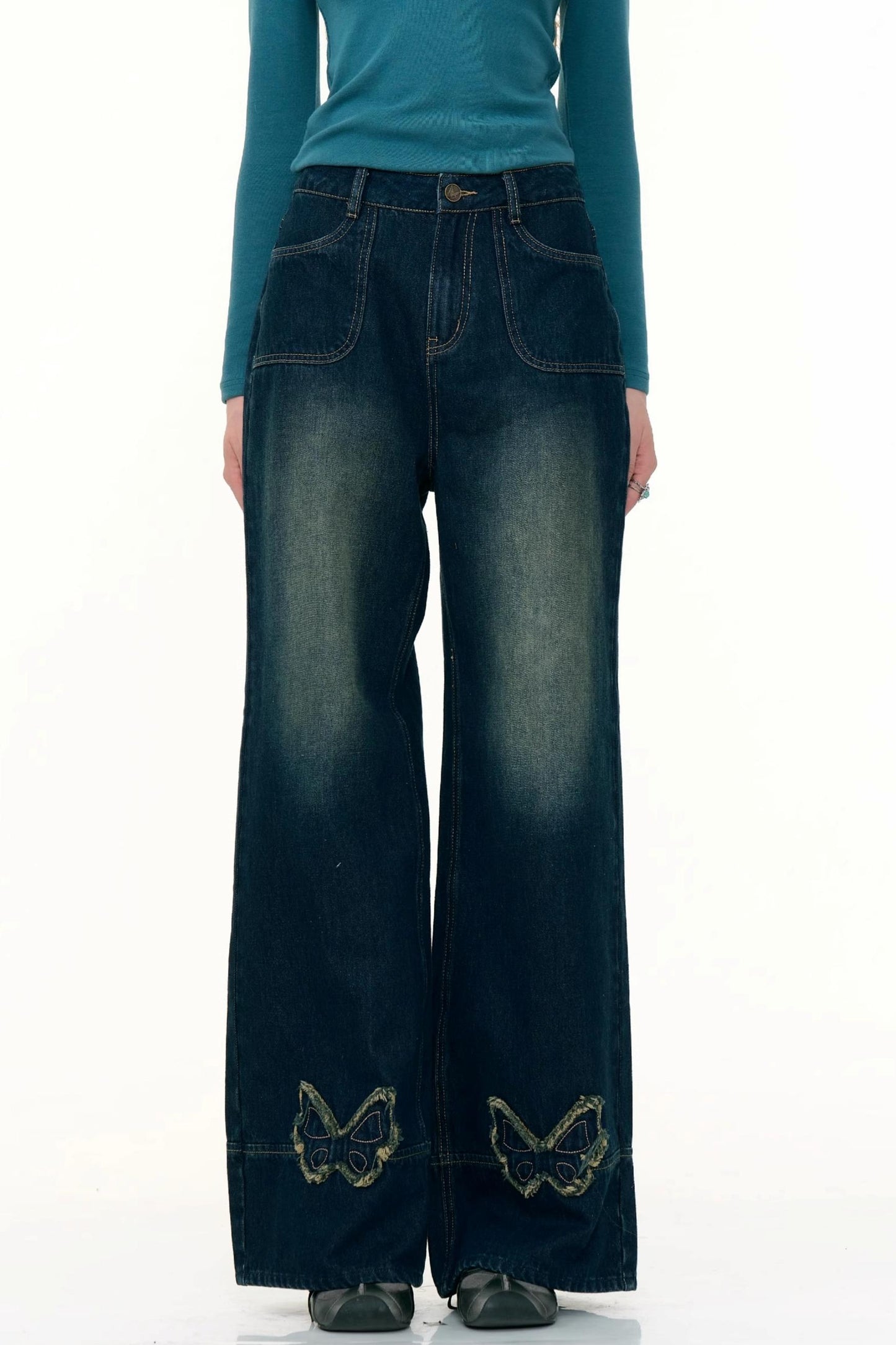 American Retro Butterfly Blue High-Waisted Wide-Leg Jeans