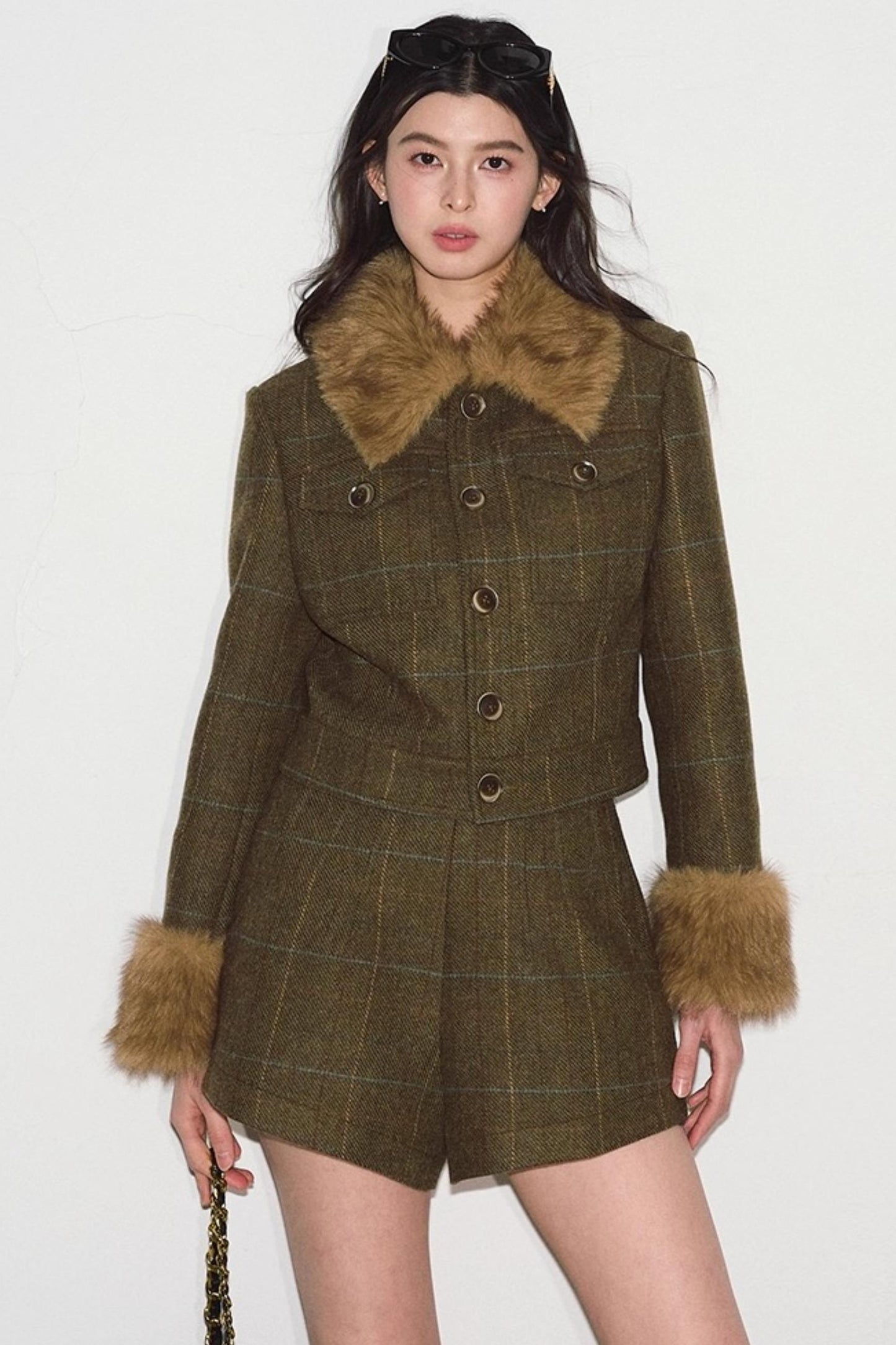 Plaid Fur Collar Jacket Set-Up
