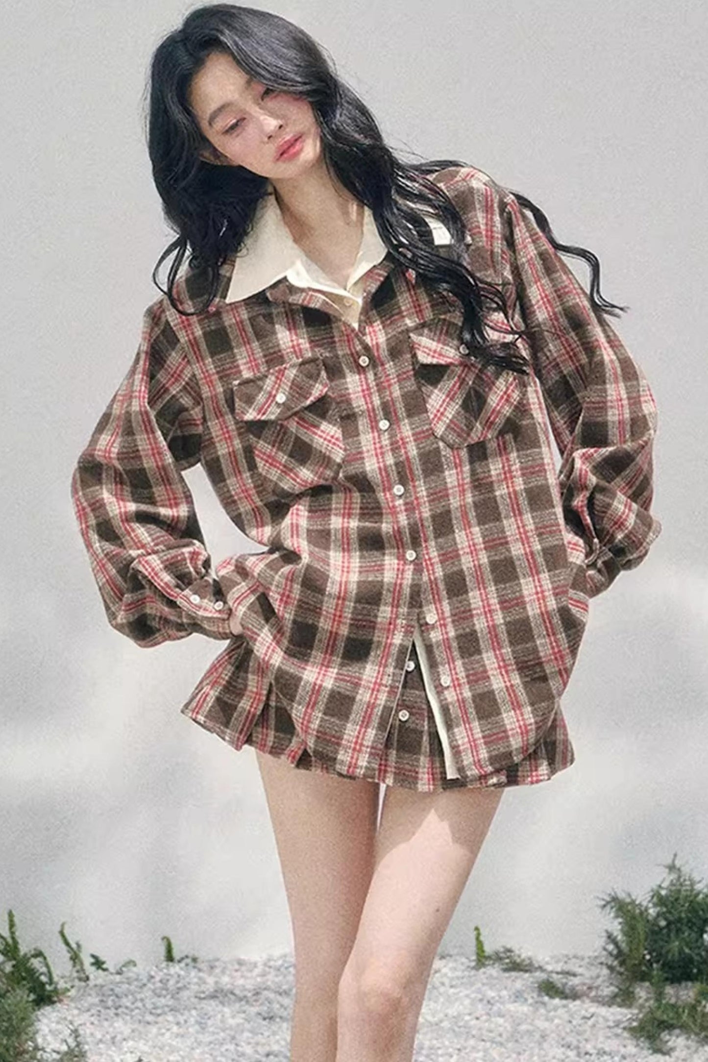 British Cafe Plaid Shirt and Short Skirt Set-Up