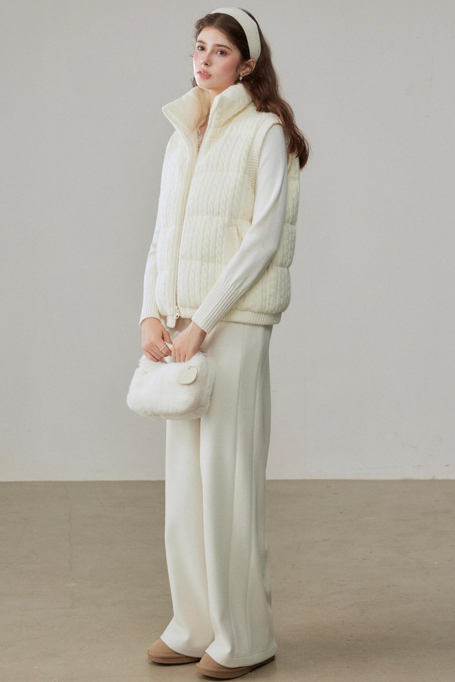 Warm White Stand Collar Vest Jacket