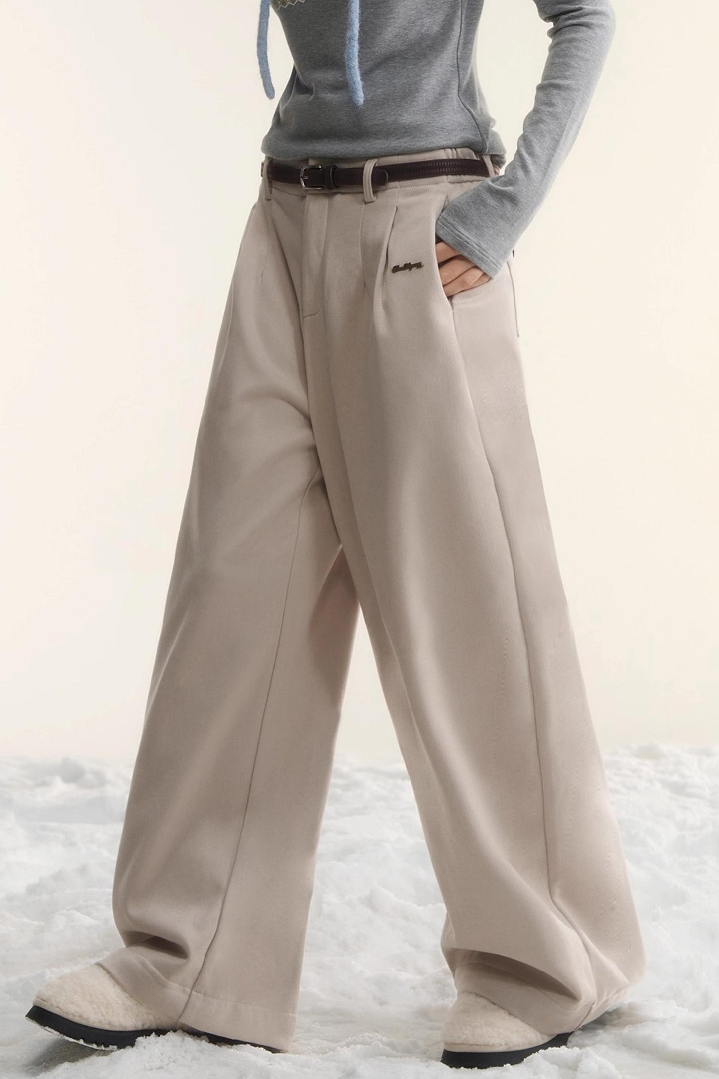 Plaid Fleece-Lined Wide-Leg Pants