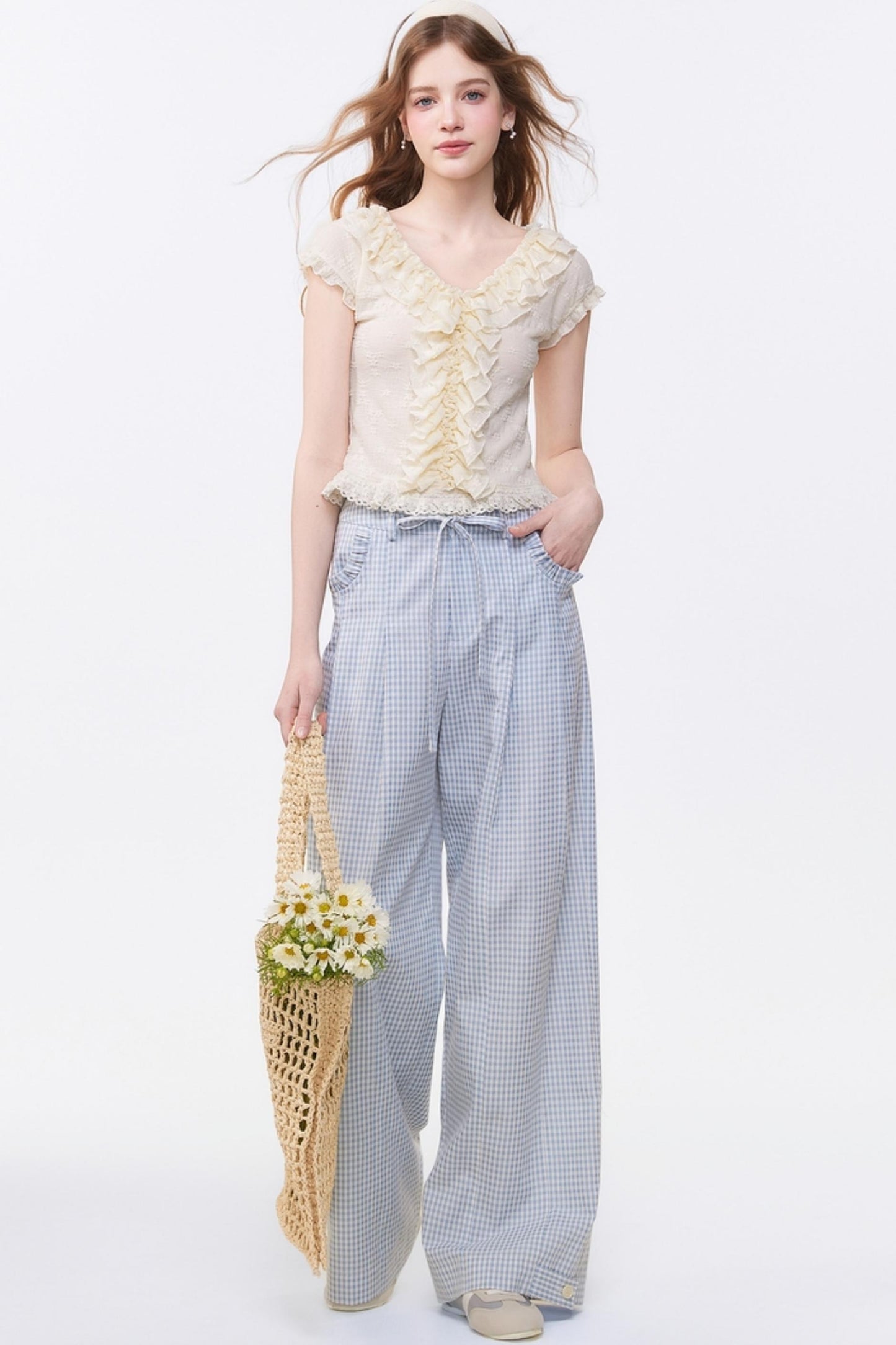 Summer Checkered Wide-Leg Pants