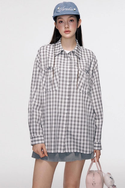 Vintage Bow Pocket Long-sleeved Shirt