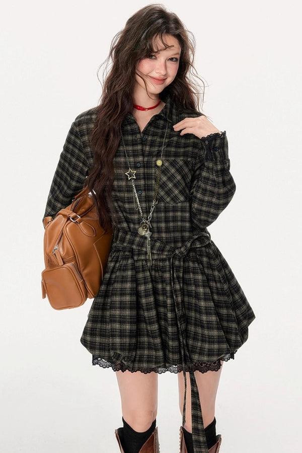Retro Plaid Long-Sleeved Ballet Dress