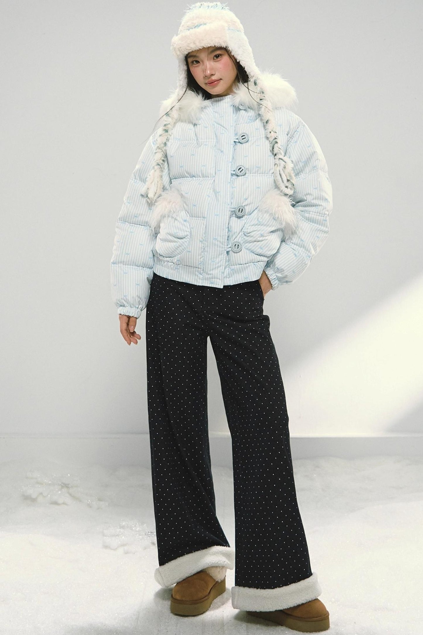 Dark Blue Polka Dot Patchwork Wide-Leg Jeans